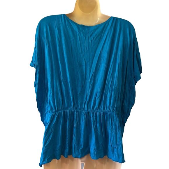 AGB Size S Peacock Blue Knit Top with White Lace Appliqué Elastic Waist - Picture 3 of 11